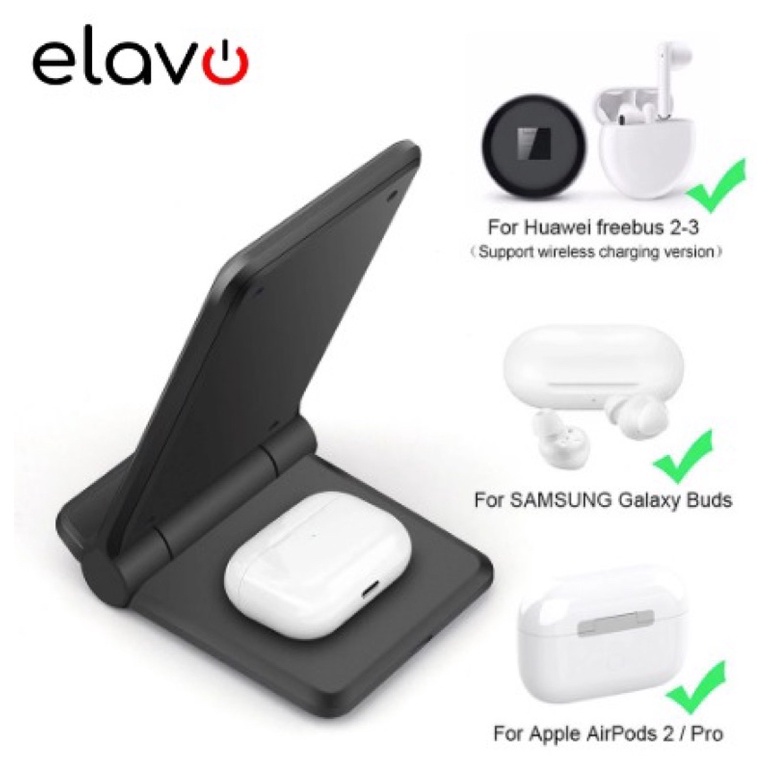 ELAVO 2in1 Charger Dock FOLDABLE lipat Hp Airpods earbuds Samsung notes S21 flip s7 edge wireless charging Iphone 8 X XR XS 11 12 13 Pro max Original