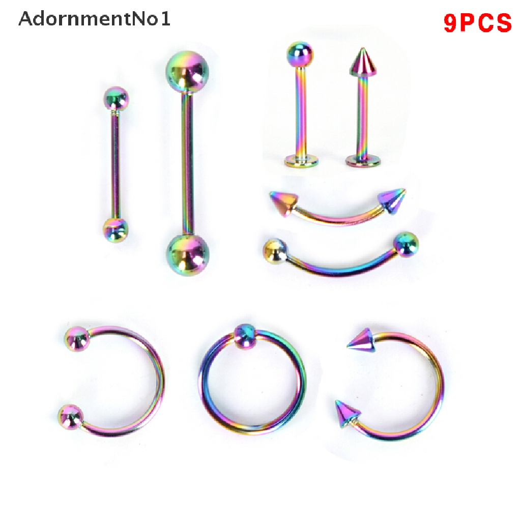 (AdornmentNo1) 9pcs / Set Anting Tindik Alis / Bibir / Hidung Bentuk Barbel Bahan Stainless Steel Untuk Perhiasan Wanita