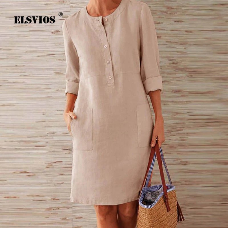 PROMO ELSVIOS 2019 Winter Autumn Button Cotton Linen Dress women Elegant O-Neck Knee length Long