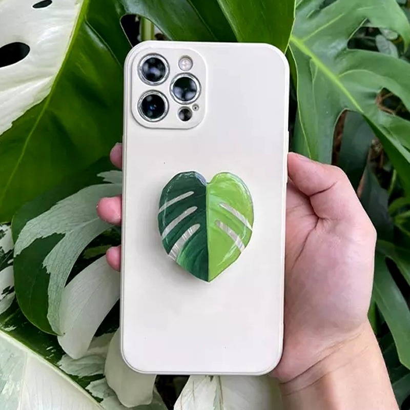 Stiker Braket Holder Smartphone Universal Bentuk Daun Hijau Bahan Akrilik