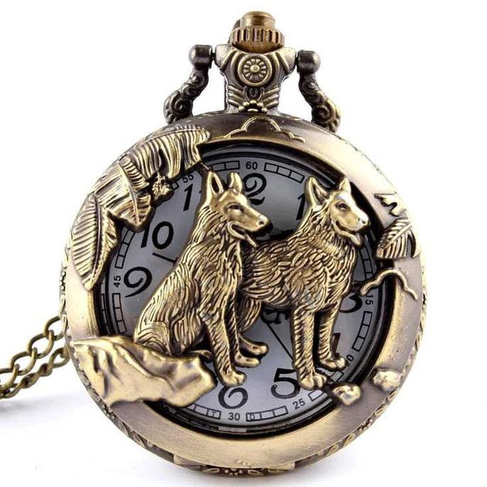 Original PROMO MURAH Jam Saku Vintage Twin Wolf Carved TERLARIS Premium Kekinian