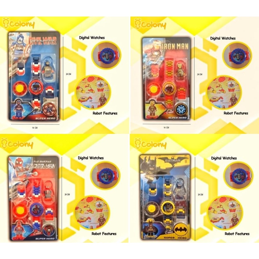 Jam Tangan Brick Super Hero - Arloji Anak - Spiderman - Captain America - Iron Man - Batman - Ori As