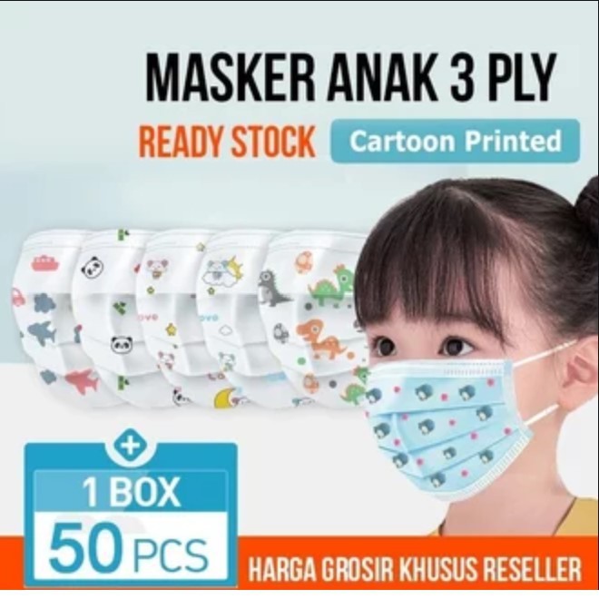 PA Masker anak Murah 3 ply Kids Child mask motif Earloop 1box isi 50 Pcs motif Karakter - MK009