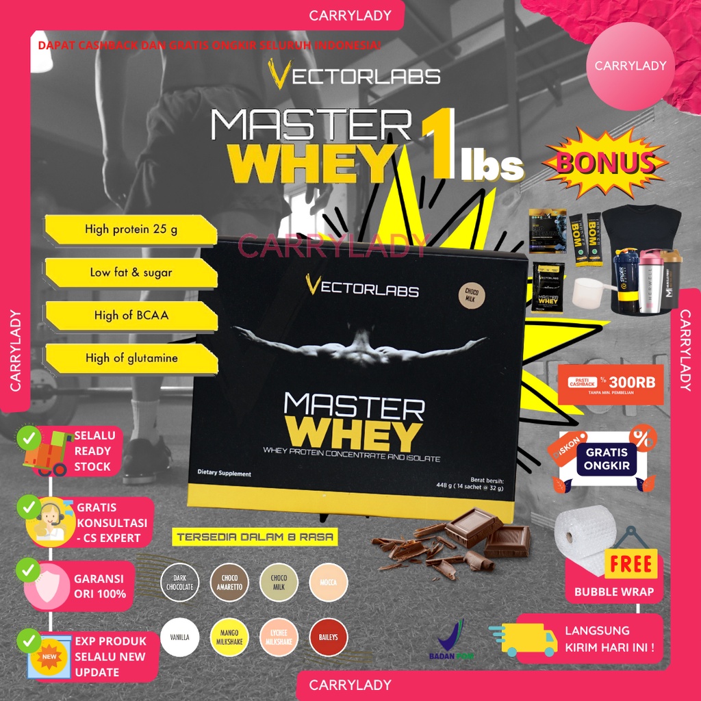 VECTORLABS MASTER WHEY 1 BOX 14 SACHET SASET 448 GRAM GR 1 LBS VECTOR LABS VL ORIGINAL MURAH GROSIR BPOM HALAL 1LBS MASTERWHEY