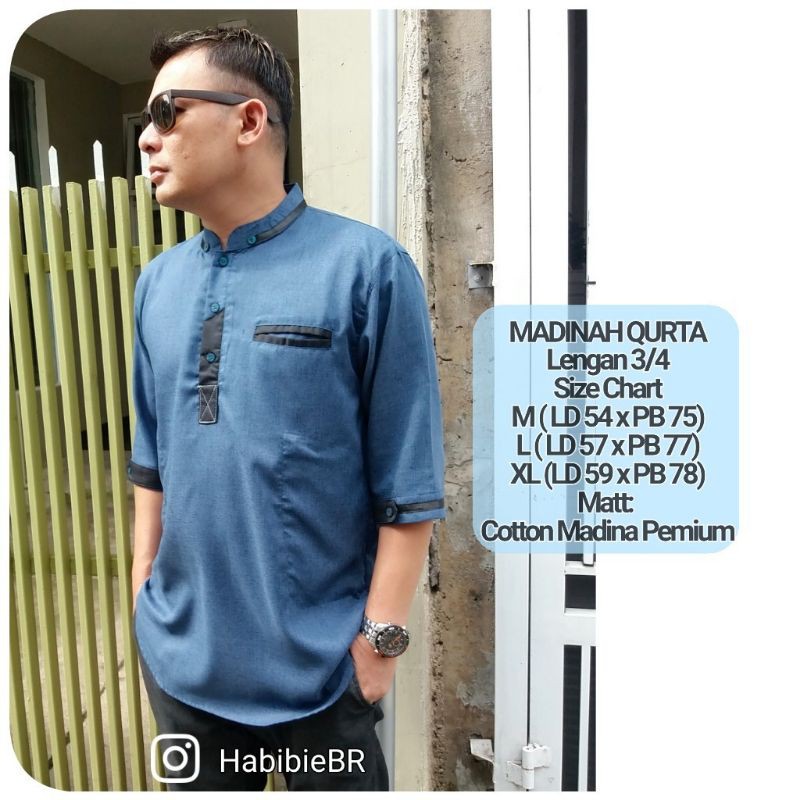 Baju Koko Madinah Qurta Pria Lengan 3/4 warna Biru Denim