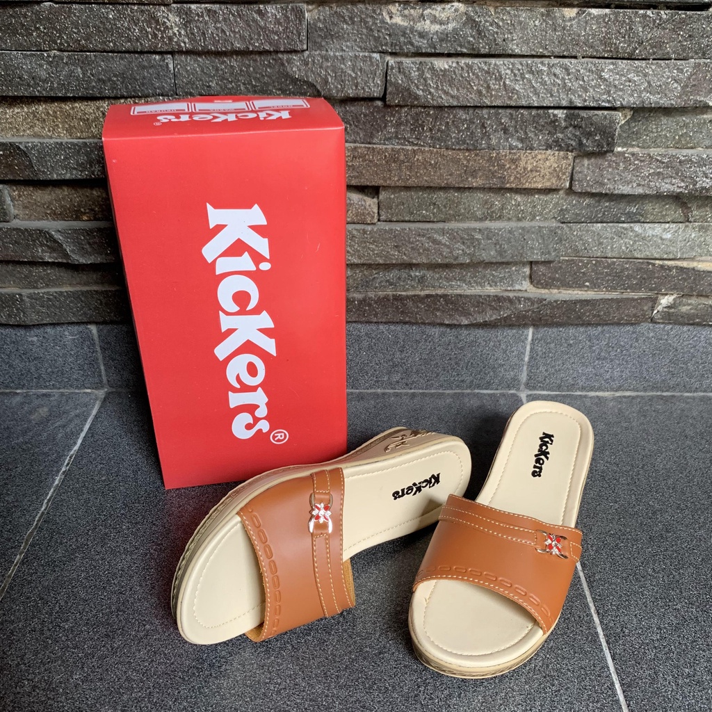 SANDAL WEDGES SELOP WANITA HAK 5CM SLOP BUNGA PESTA FORMAL MAL KAMPUS TERBARU WEDGES LESTARI 1-LESTARI COKLAT TAN