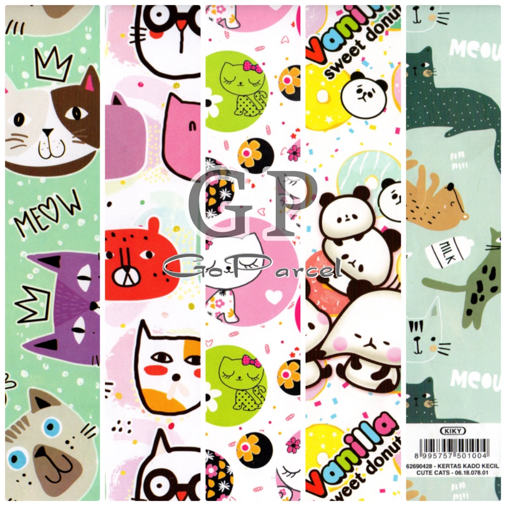 ( 5 Lembar ) KERTAS KADO CUTE CATS MEOW HAPPY BIRTHDAY ANAK ANAK KIKY - GIFT WRAP PAPER SHINNY GLOSSY MENGKILAP KUCING FUNNY ANIMAL