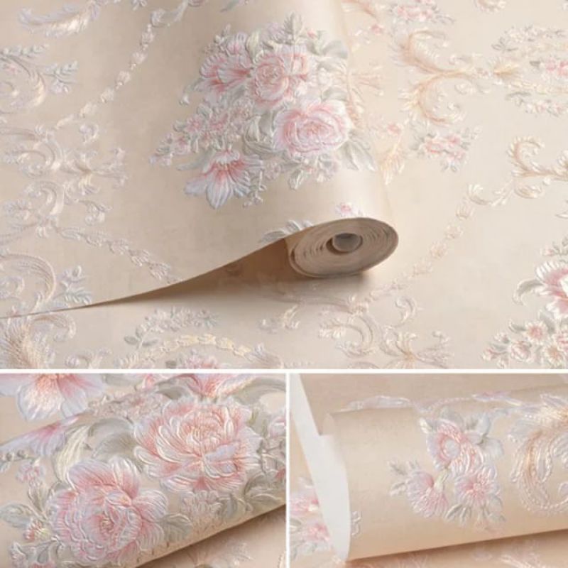 WALLPAPER DINDING VINYL MOTIF BUNGA BATIK CREM