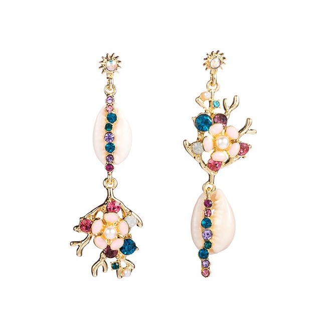 LRC Anting Tusuk Fashion Color Alloy Dripping Flower Shell Diamond Earrings D85244