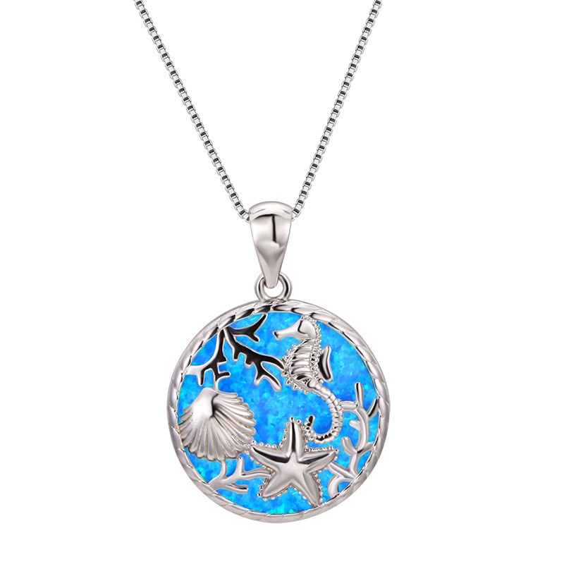 Kalung Rantai Liontin Batu opal Bulat Motif Dunia Bawah Air hipster Untuk Wanita