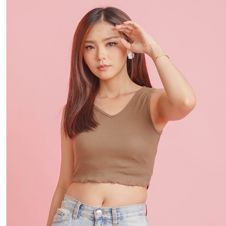 MODAVIE - JEO Tanktop V Neck Crop Tank Top Korea