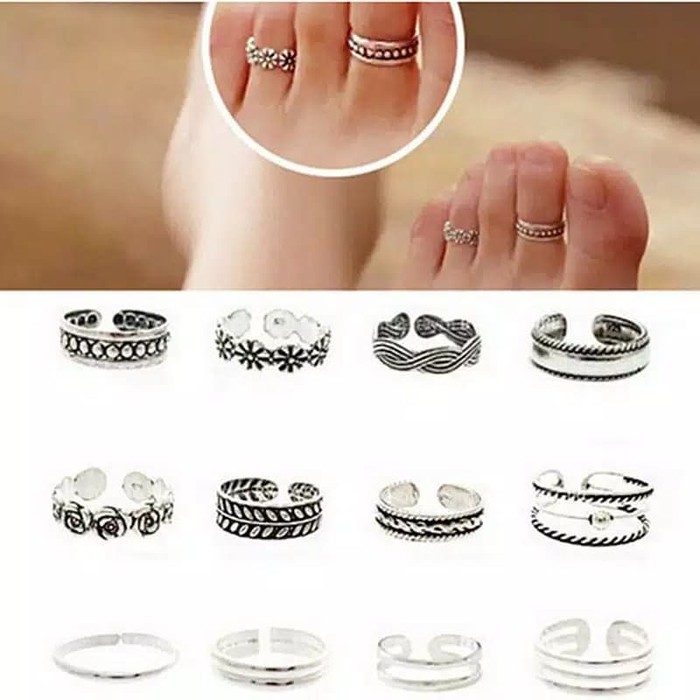 12Pcs Cincin Jari Kaki Motif Bunga Klasik Open Toe Adjustable