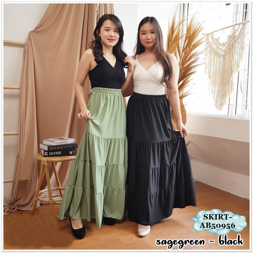 AB50956 Rok Maxi Panjang Wanita Long Skirt Hitam Putih Sage Green Hijau Coffee