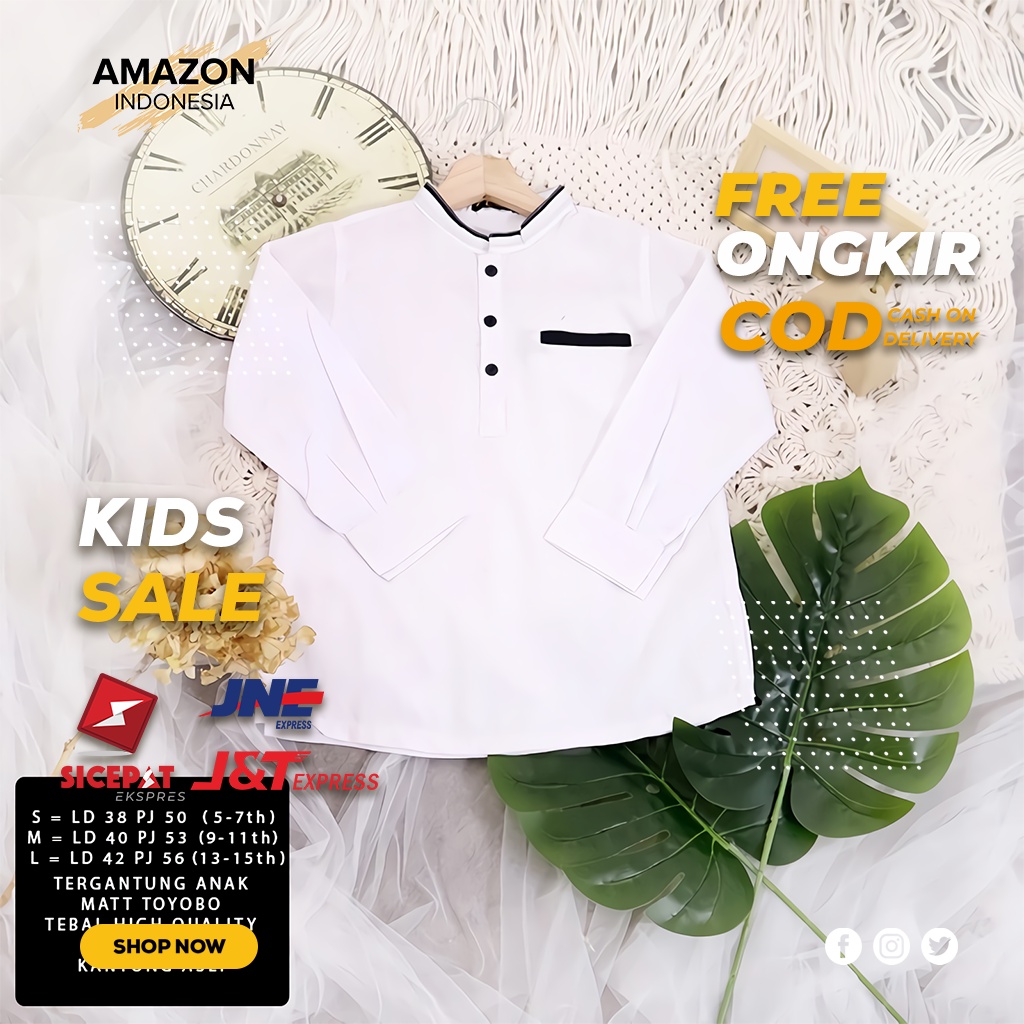 PAKAIAN ATASAN BAJU  KOKO MUSLIM ANAK COWOK WARNA PUTIH BAHAN TOYOBO HALUS ORIGINAL PREMIUM TERMURAH TERLARIS