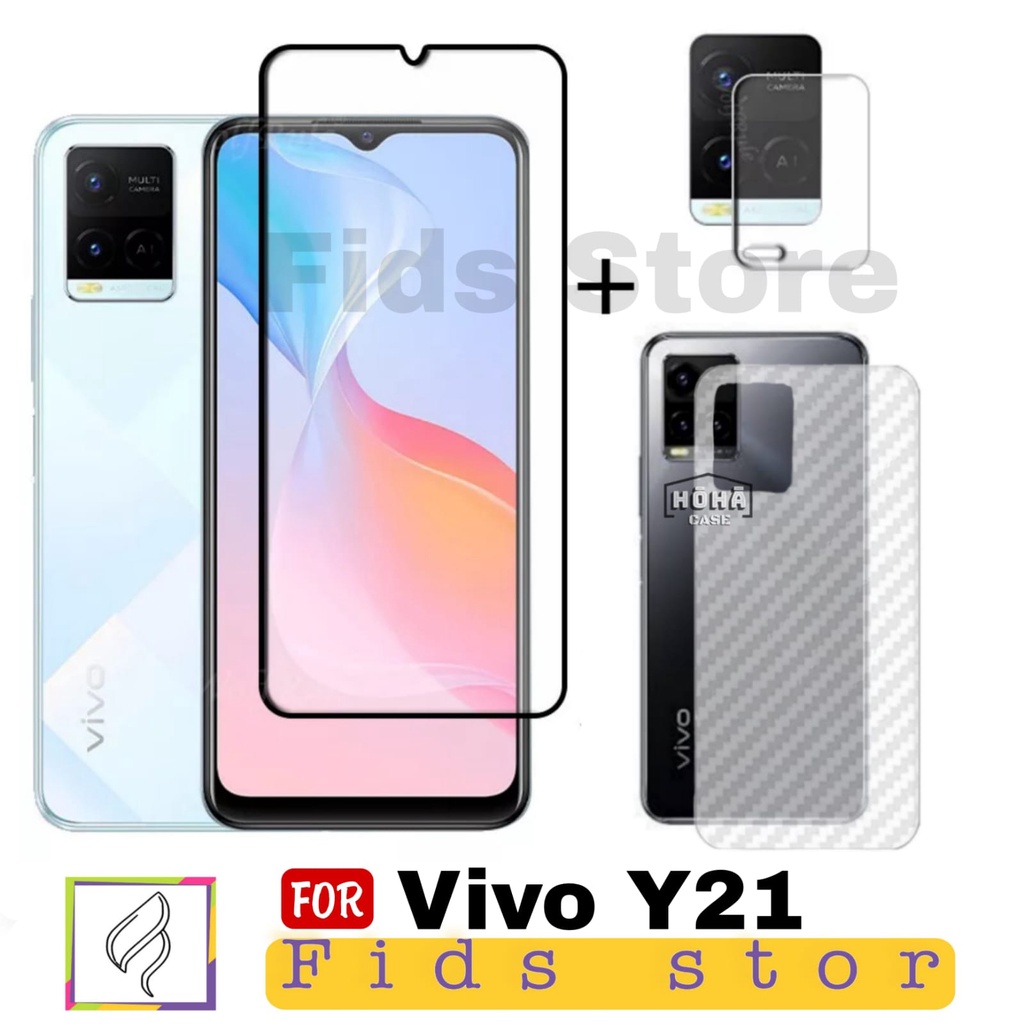 PROMO 3in1 VIVO Y21 Tempered Glass Free Anti Gores CAMERA &amp; GARSKIN Carbon