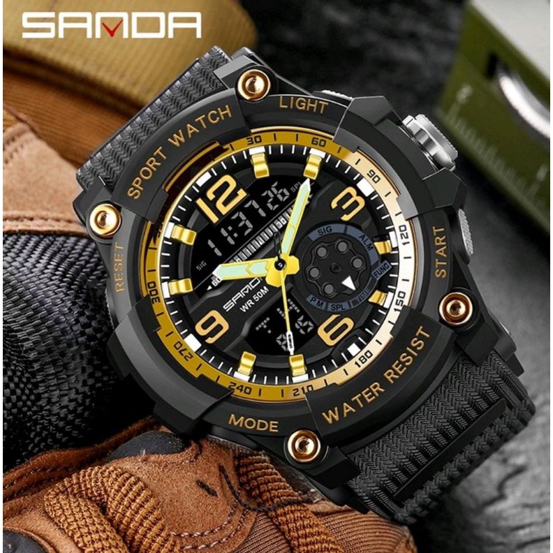 Jam Tangan SANDA 3036 Jam Tangan Pria Digital Analog Tali Rubber Shockproof Anti Air