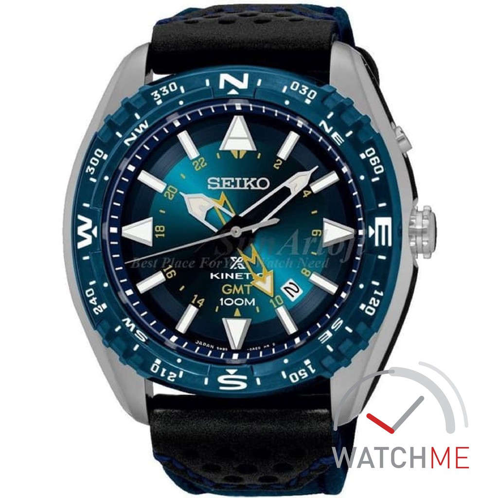 Jam Seiko Prospex SUN059P1 Kinetic Land GMT Blue Dial 100m Black Leather Strap Original Bergaransi