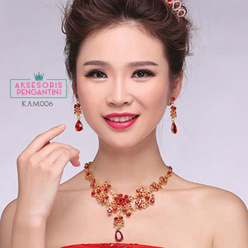 [PRODUK FAVORIT] SET ANTING KALUNG PESTA AKSESORIS PENGANTIN MERAH CRYSTAL KAM006