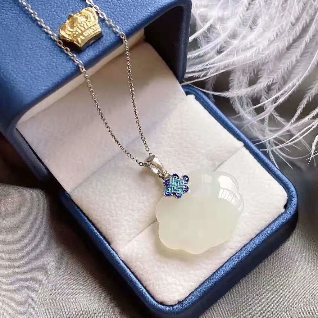 Kalung Sterling Silver S925 Hias Liontin Kunci Giok Burnt Biru Gaya China Untuk Wanita