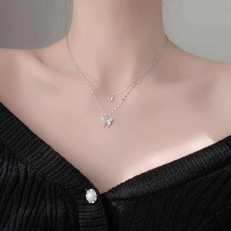 Kalung Rantai Silver 925 Multi layer Liontin Kupu-Kupu Hias Zircon Gaya Korea Untuk Wanita