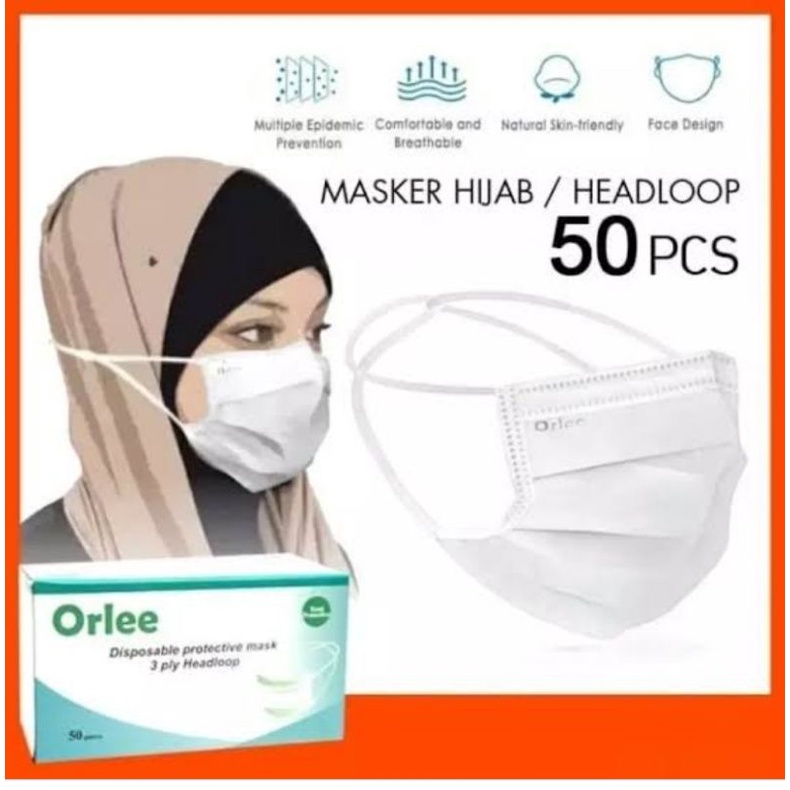 Masker Orlee Non Medis 3Ply Headloop / Tali Hijab 3Ply Tebal Warna Bermacam-macam (1 BOX isi 50 PCS)