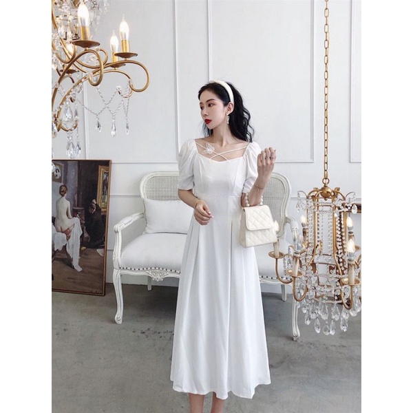 [MikanHiro Store] Elegant French 2022 Spring/Summer Retro Fairy Dress with Puff Sleeves and Thin WaistSuper fairy light cooked midi skirt butterfly