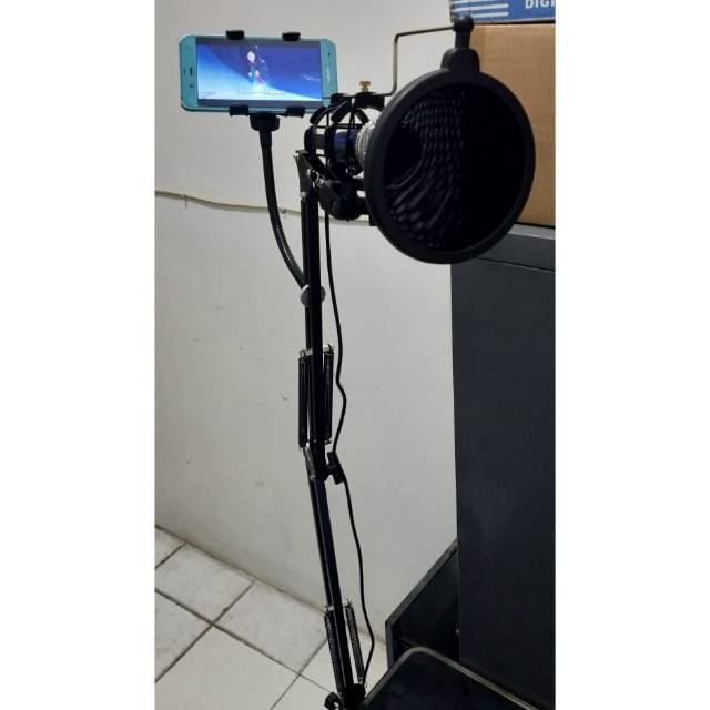 Arm stand Condenser Microphone + Holder + 360 Lazypod Smartphone Clamp Mic taffstudio jnp