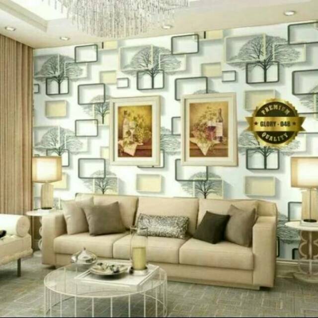 wallpaper dinding motif pohon kotak 3d kuning