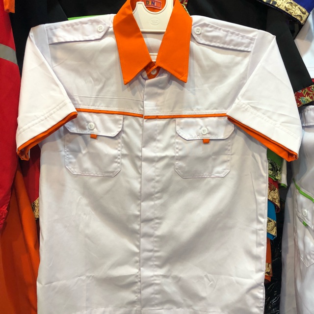 Seragam kerja putih lis oren- baju kerja(bisa tambah bordir) seragam kantor