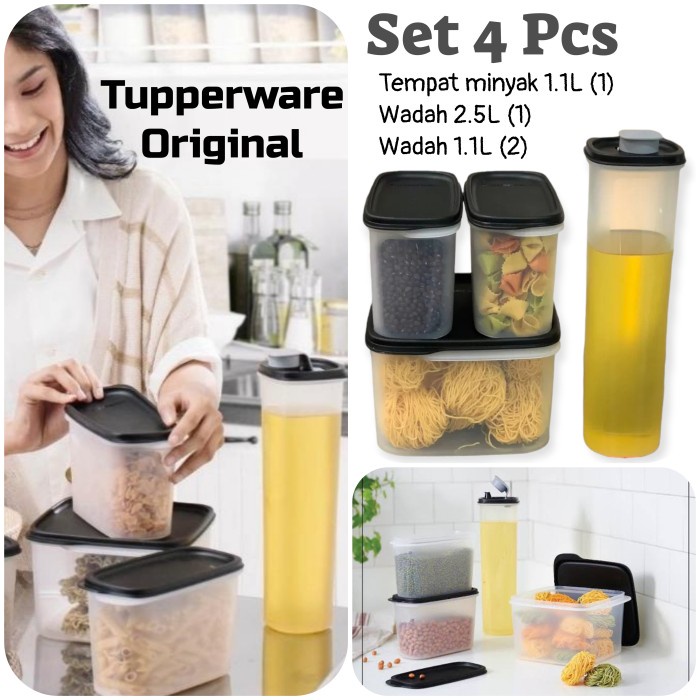 (AFW) Tupperware Promo Set Lengkap Wadah Bumbu Dapur Toples Snack Kerupuk - BLACK WHITE SET