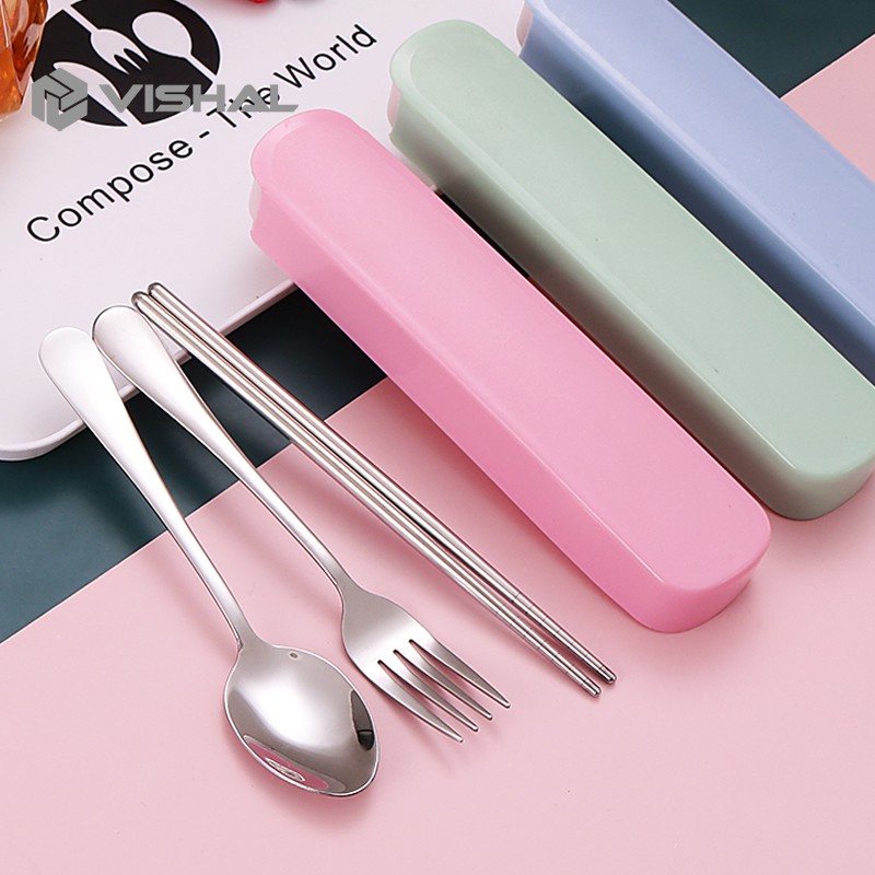 VISHAL 3Pcs Set Makan Sendok Garpu Sumpit/Stainless Steel Spoon Fork Chopsticks Bepergian Peralatan