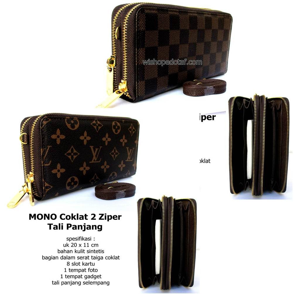 Dompet wanita kulit 2 zipper / 2 resleting selempang tali panjang lv