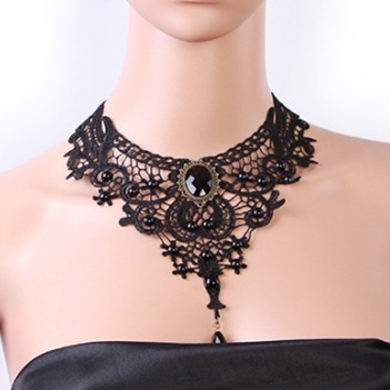 Black Gothic Necklace in Embroidery Lacework Stone 8516