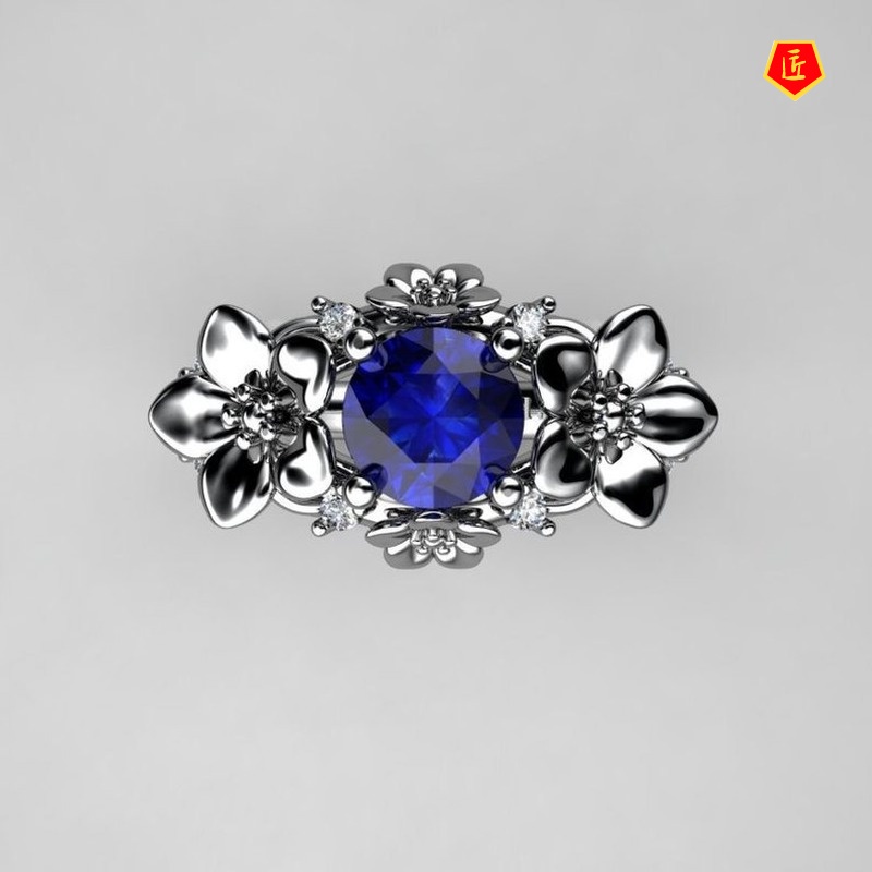 [Ready Stock]Creative Silver Inlaid Sapphire Flower Ring