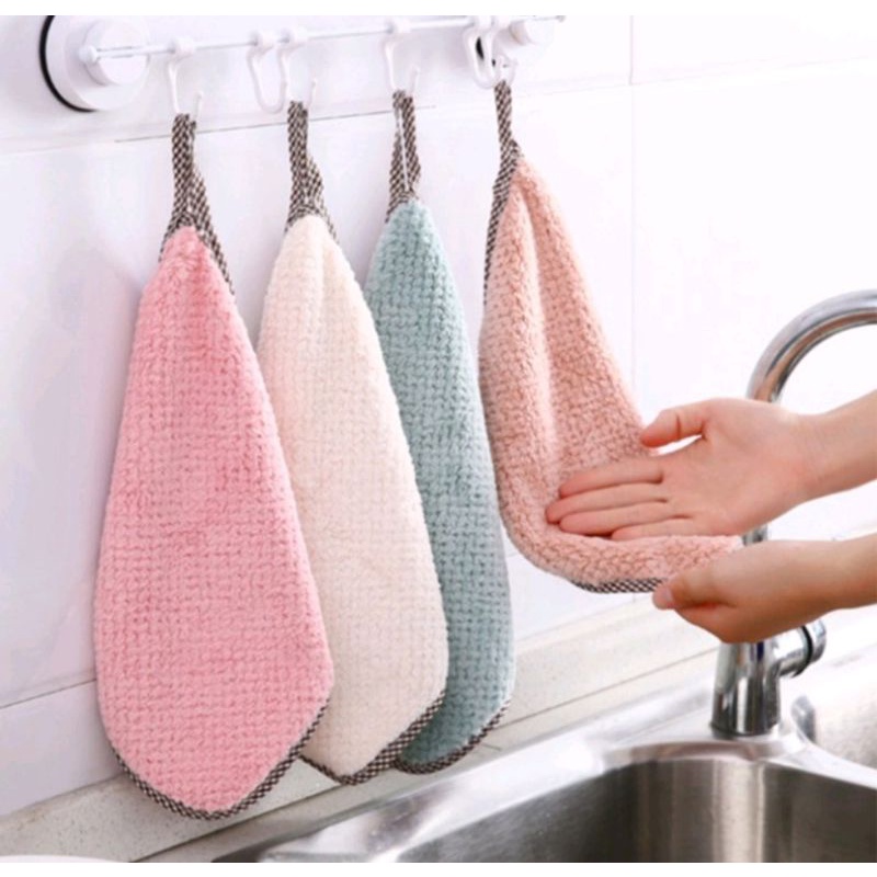 TERMURAH GROSIR Lap Tangan Gantung Kain Handuk Pembersih Meja Piring Dapur Serbet Anti Minyak Microfiber Bahan Coral Fleece