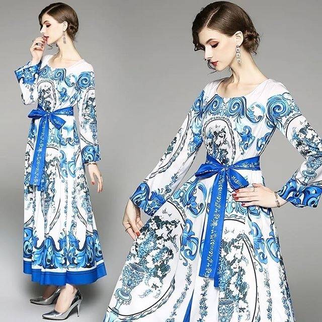 71001 DG MAXI DRESS BLUE / DRESS WANITA LEBARAN IMPORT BUNGA BIRU