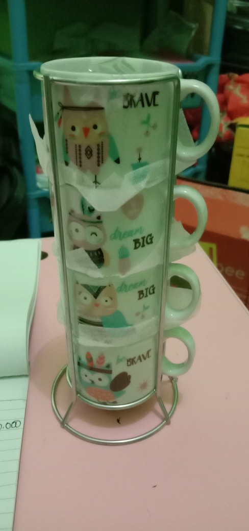 Babee Mug Keramik Set 4 Susun Size S / Cangkir Gelas 4 Susun Banyak Motif / Mug Teh Kopi / Kado Unik