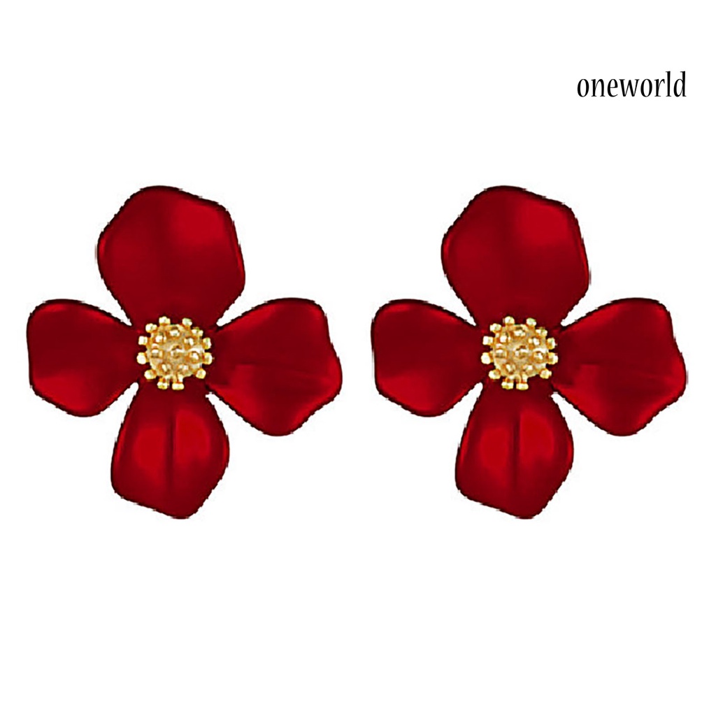 OW# 1 Pair Women Sweet Red Flower Shape Four Petals Ear Stud Earring Jewelry Accessory