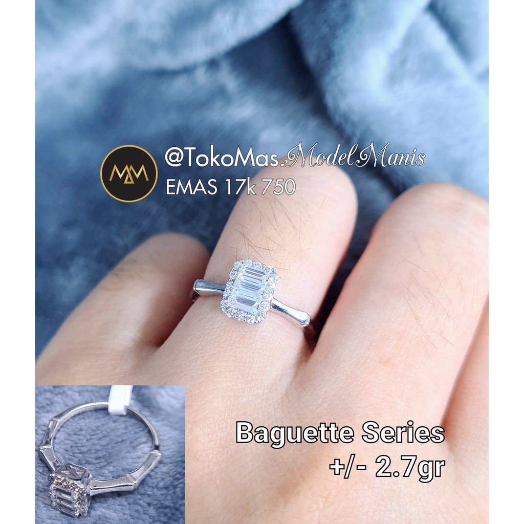Cincin Diamond looks Batu Baguette Plat Bambu emas putih 750 kadar 17k
