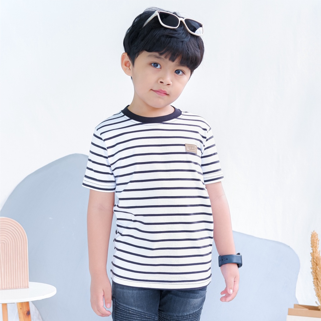 Kaos Stripe Garis Anak Laki Laki Perempuan Branded Unisex Original Premium | Mevla Kids - Uzuki White