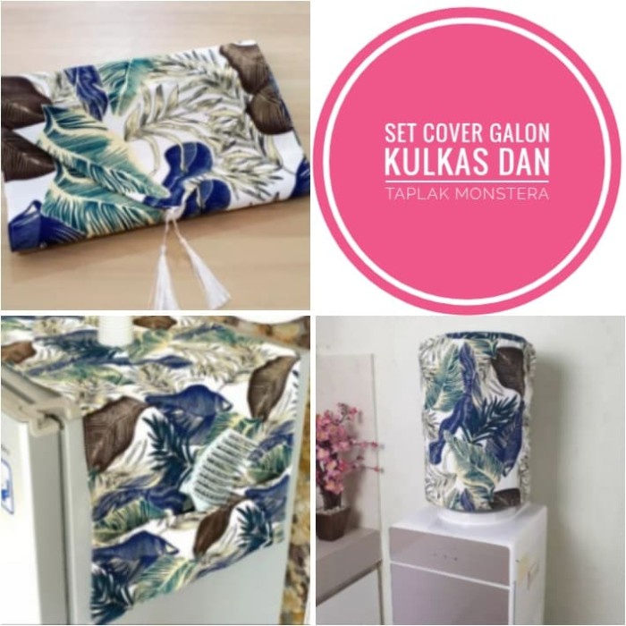 Sarung Galon - Set Cover Tutup Sarung Galon Kulkas Dan Taplak Meja Daun Monstera