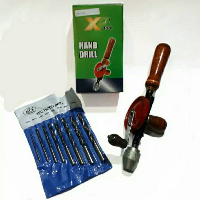 bor tangan manual 3/8" + mata bor kayu 8 pcs AtsM