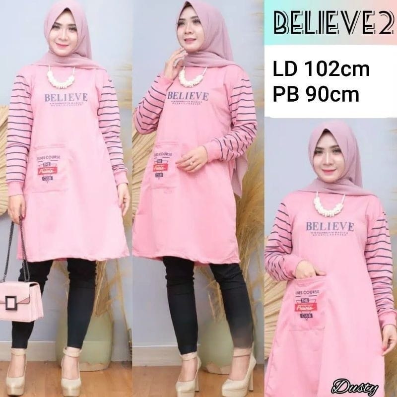 JF Atasan Tunik Kaos Babyterry Wanita Muslimah Terbaru BELIEVE