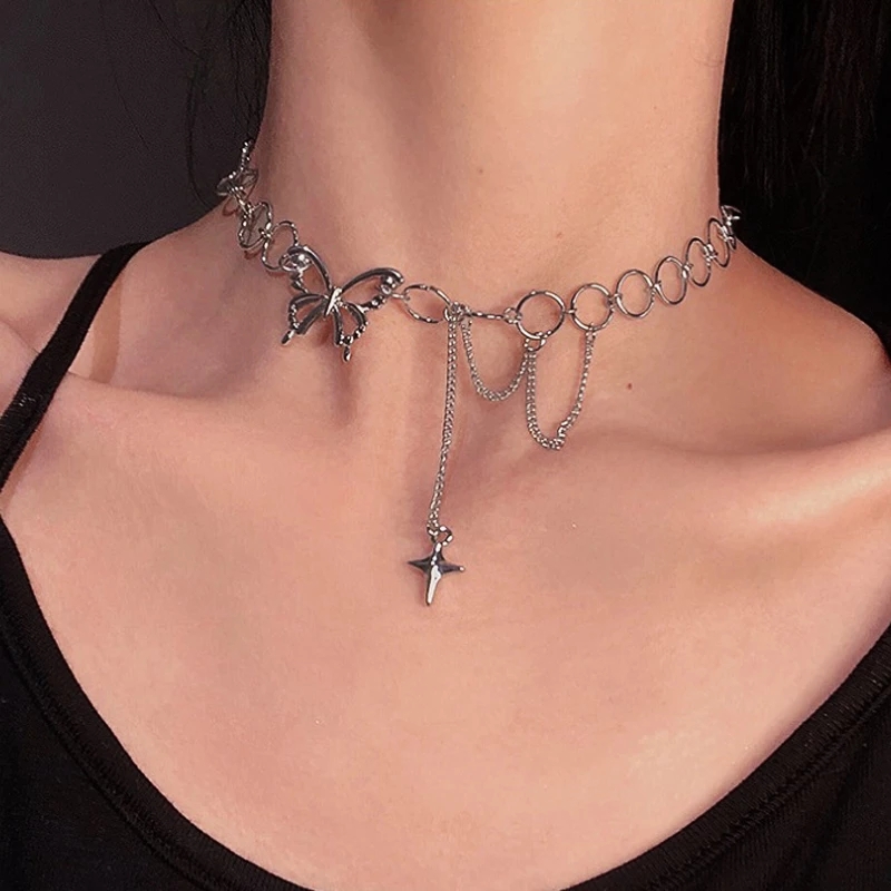 Kalung Choker Desain Kupu-Kupu Bahan Alloy Warna Silver Gaya Hip Hop Punk Gothic