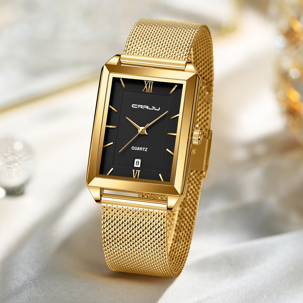 CRRJU Watch Men Top Brand Luxury Square Golden Quartz Stainless Steel Jam Tangan Tahan Air