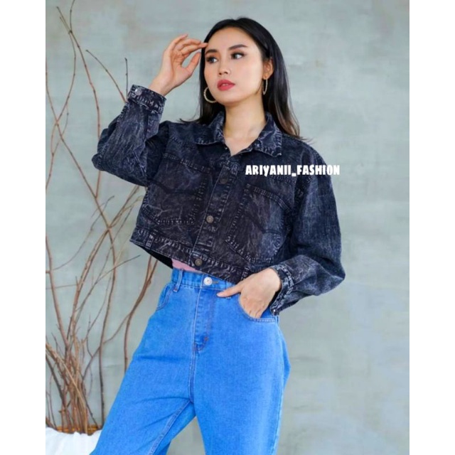 ARN - JAKET JEANS CROP WANITA JACKET JINS DENIM Model KANCING BELAKANG ZARA BARU OVERSIZE CEWEK MURAH KEKINIAN KOREAN Snow