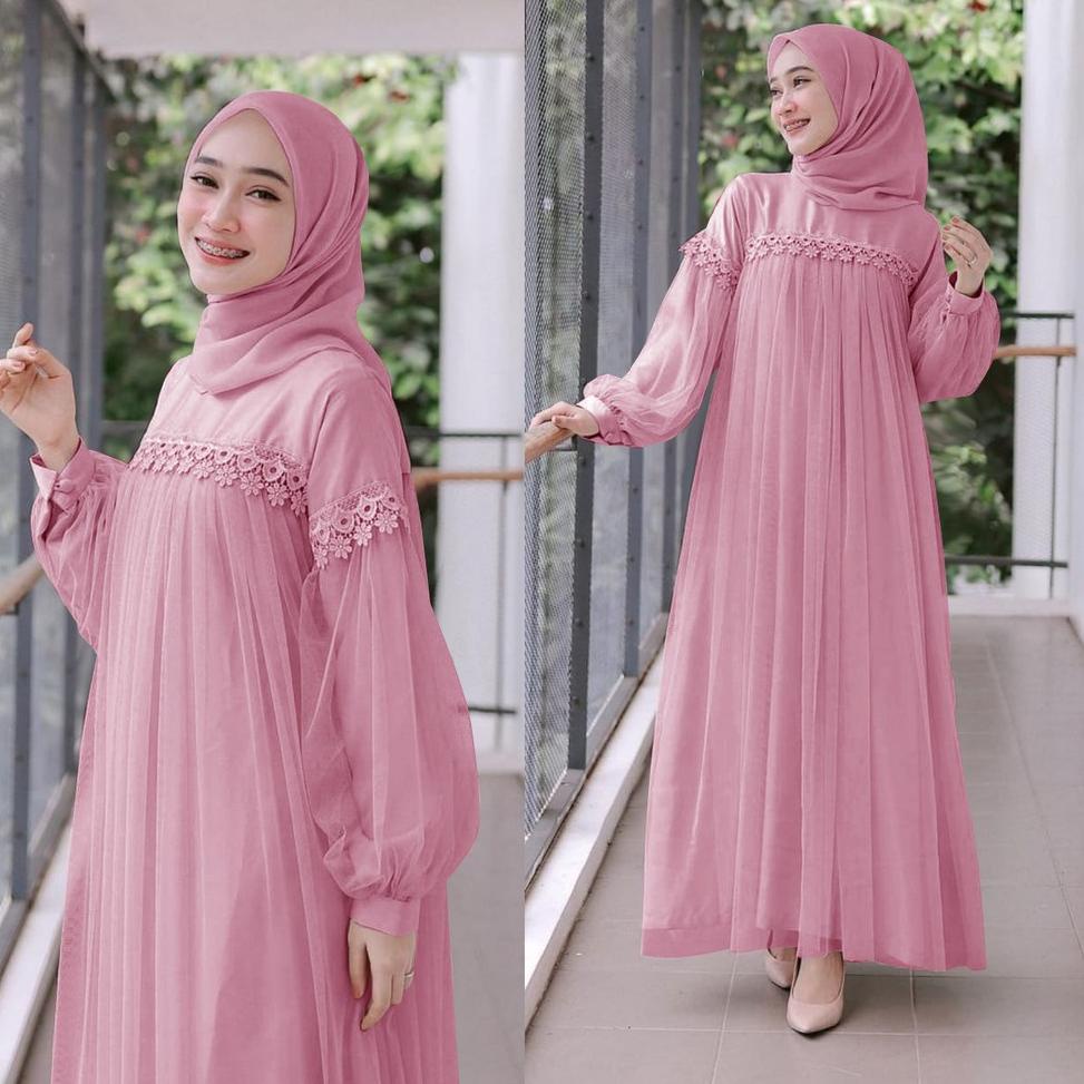 ☺ MAXI DRESS PANJANG NURAINI | GAMIS MUSLIM MURAH PEREMPUAN BROKAT TILE CANTIK RENDA IMPORT TERBARU 