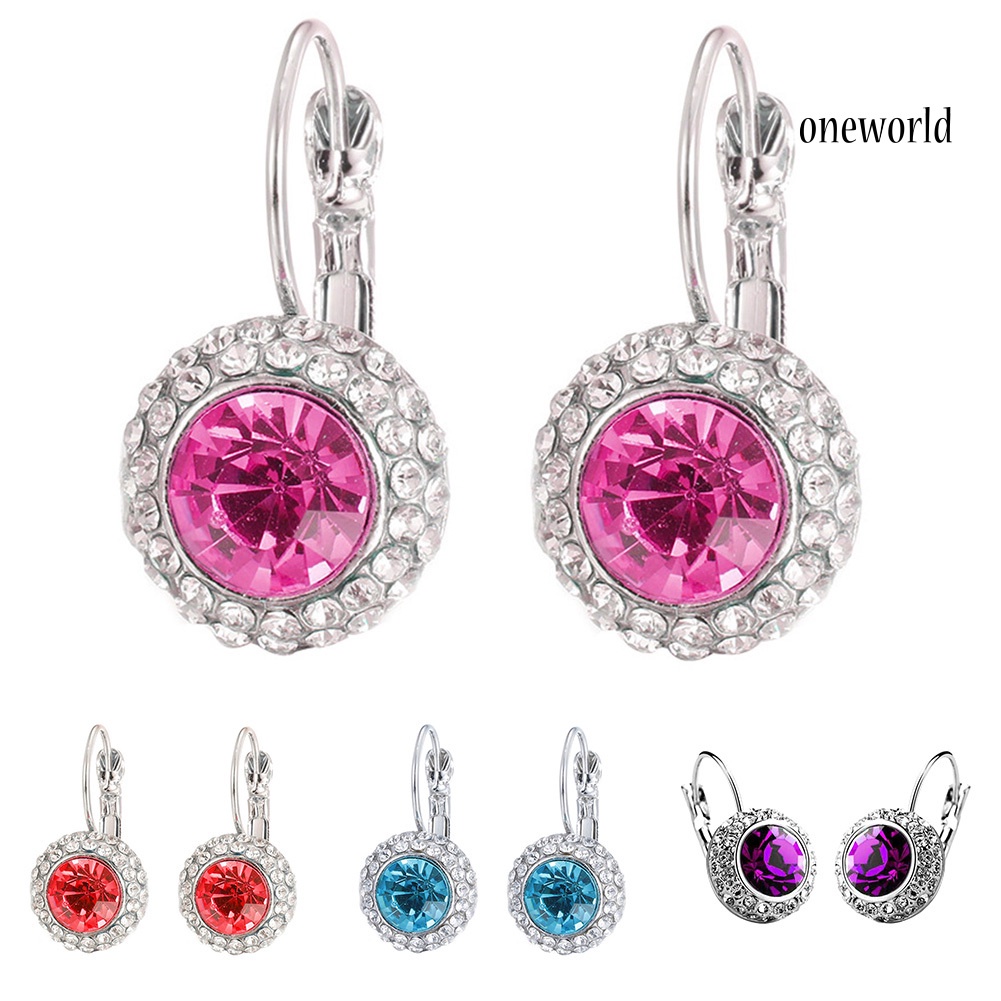 OW# Elegant Women Rhinestone Inlaid Round Dangle Leverback Earrings Jewelry Gift