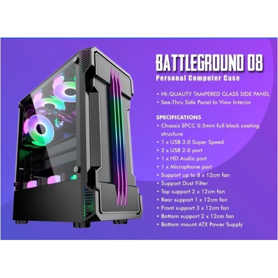 Casing Simbadda BattleGround 08 - ATX, mATX Tempered Glass Gaming Case