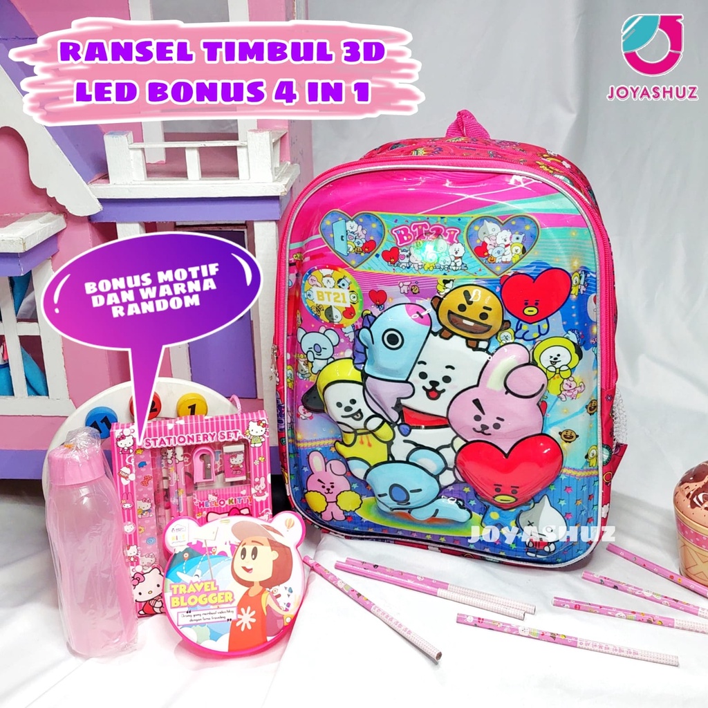 Tas Anak Perempuan Ransel BT 3D LED Anak SD Berbonus - Ransel  Timbul LED - Tas Sekolah Anak SD Karakter - Tas  Anak Perempuan SD Gratis Botol Dan Misting - Tas Sekolah Anak Perempuan Karakter Lucu - Joyashuz